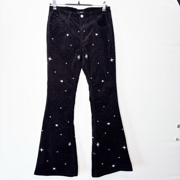 Forever‎ 21 Stars and Moons Corduroy Black Flare Pants Size L Mystical Witchy - Picture 1 of 9